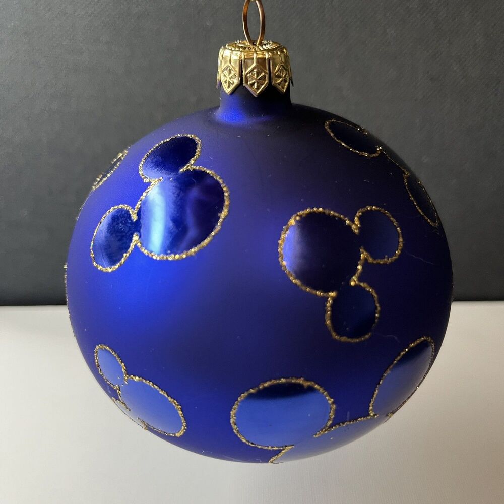 Vintage Disney Mickey Mouse Glass Ball Ornament Blue Gold Matte 4" Poland